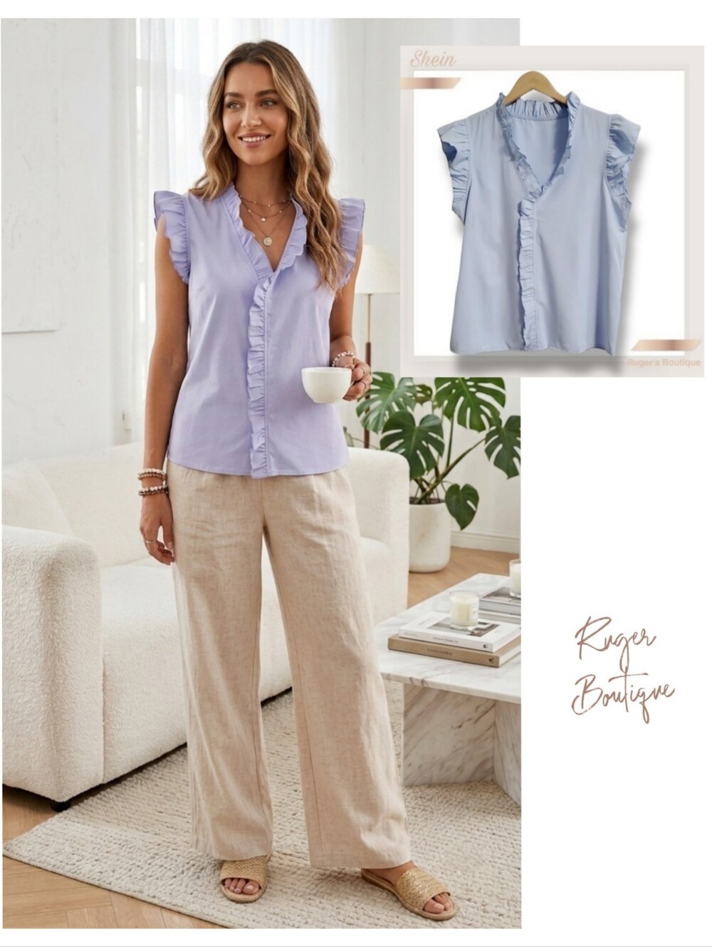 🌿Shein Light Blue Ruffled Cap Sleeve Top - Women's Large